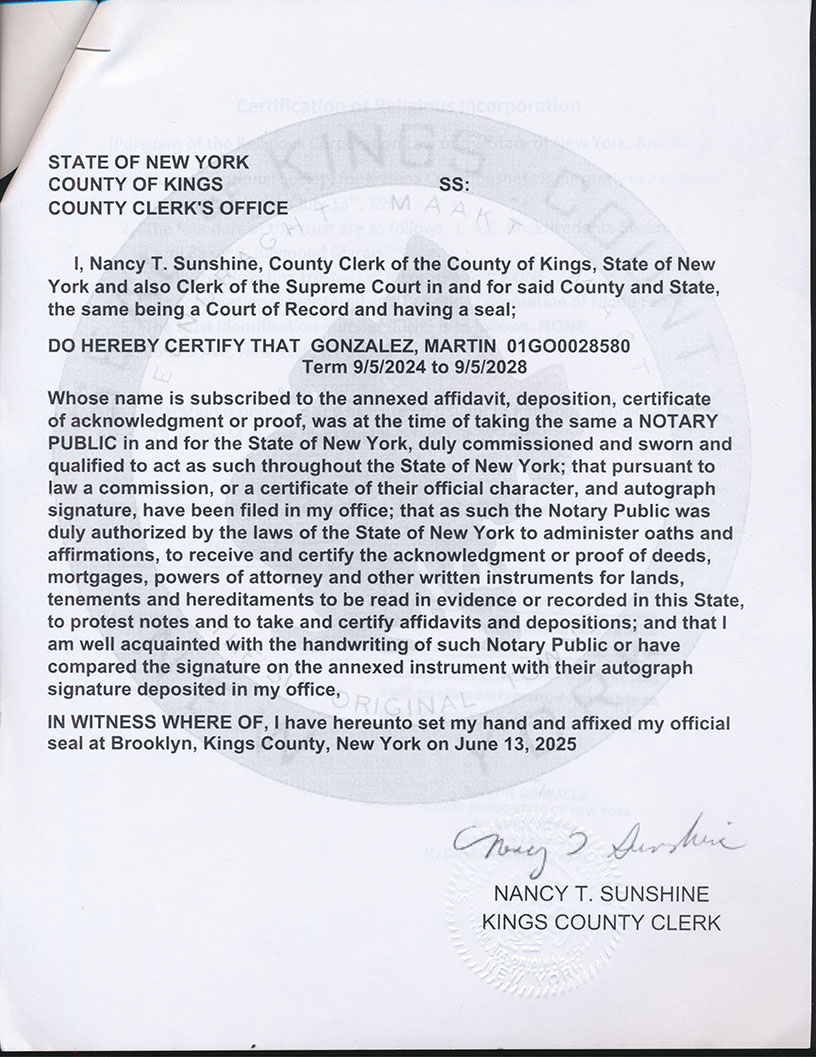Certification of Religious Incorporation