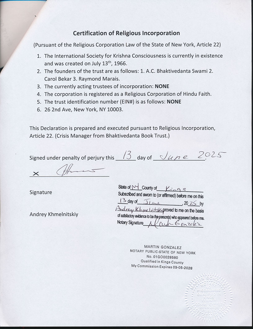 Certification of Religious Incorporation