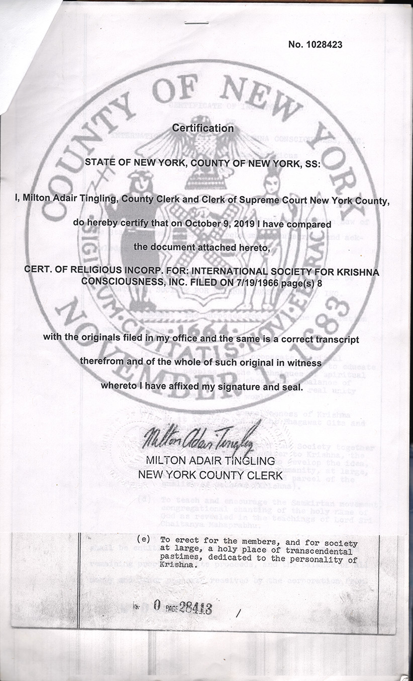 Cetrificate of Incorporation ISKCON