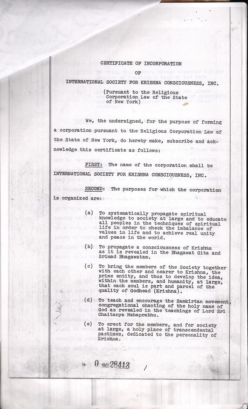 Cetrificate of Incorporation ISKCON
